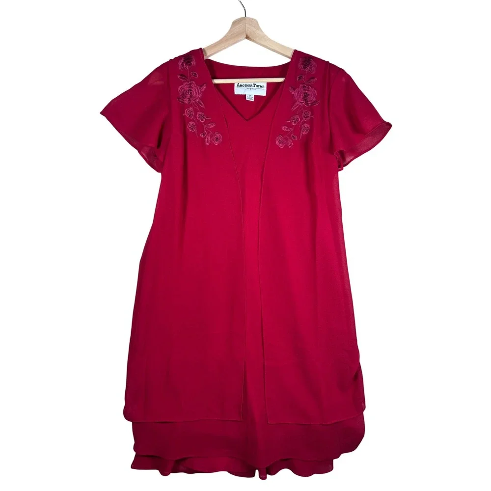 VTG Retro Dress Another Thyme Red Floral Embroidered Party Cocktail 6P Layered